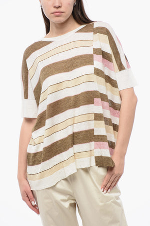 Linen Crewneck T-Shirt with Stripe Pattern