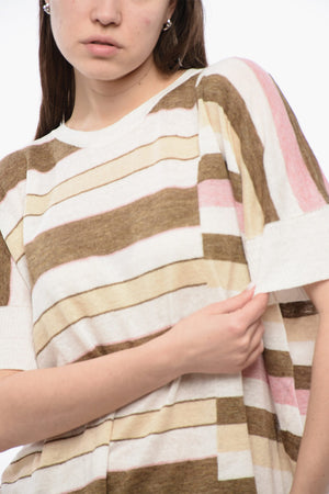 Linen Crewneck T-Shirt with Stripe Pattern