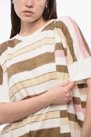 Linen Crewneck T-Shirt with Stripe Pattern