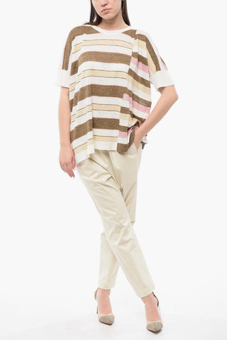 Linen Crewneck T-Shirt with Stripe Pattern