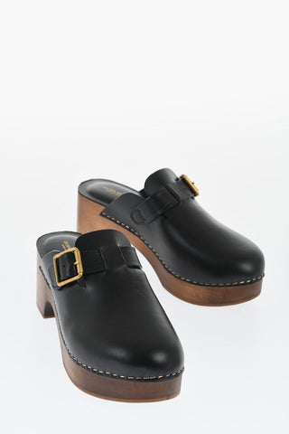 Leather PROVENCE Clogs with Golden Buckle Heel 6.5cm