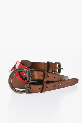 Leather and Patchwork Effect Fabric Belt with Triple Buckle 40mm