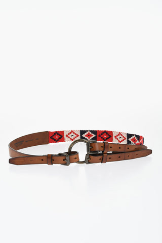 Leather and Patchwork Effect Fabric Belt with Triple Buckle 40mm