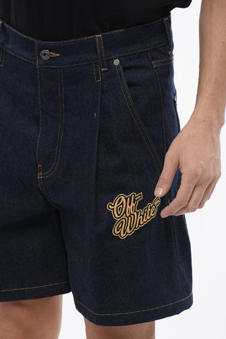 Shorts In Denim Ricamati 90SLOGO Raw Wash Con Pinces