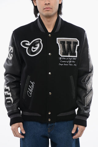 Embroidered VARSITY Wool Blend Bomber With Leather Sleeves