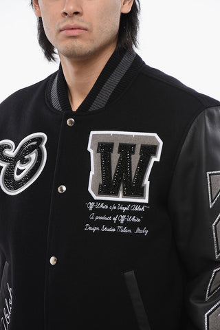 Embroidered VARSITY Wool Blend Bomber With Leather Sleeves