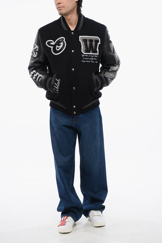 Embroidered VARSITY Wool Blend Bomber With Leather Sleeves