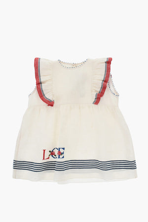 Ausgestelltes Leinenkleid mit Volantärmeln