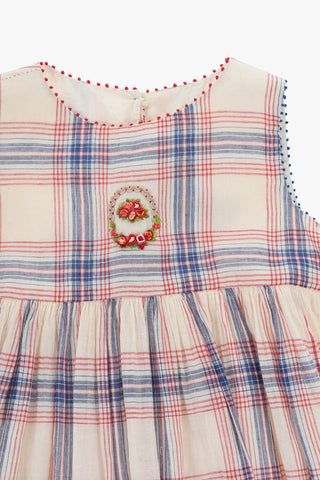 Vestito Svasato in Cotone e Seta a Quadri con Ricamo Frontale e Sottoveste Interna
