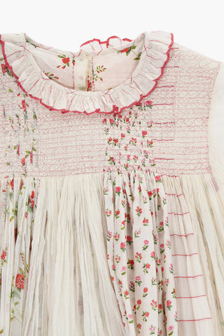Floral Patterned Cotton and Silk Flared Dress