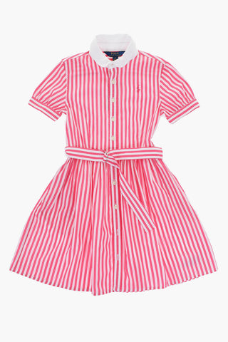 Two-Tone Awning Striped Shirt Dress with Belt