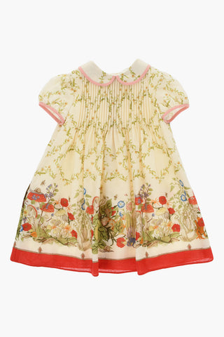 Floral-Motif Cotton Shirt Dress with Pleats