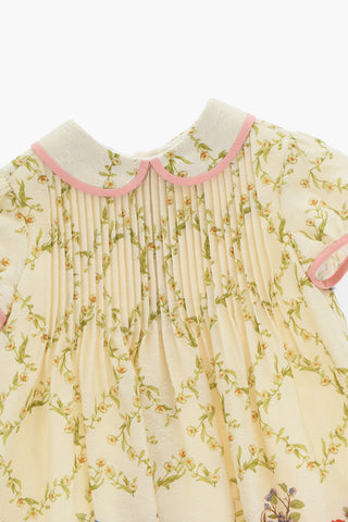 Floral-Motif Cotton Shirt Dress with Pleats