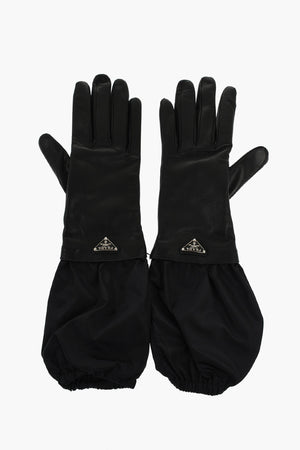 Guanti in Pelle e Nylon con Logo in Rilievo