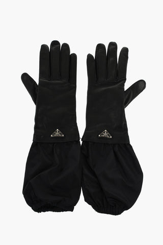 Guanti in Pelle e Nylon con Logo in Rilievo