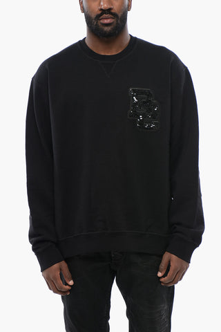 Brushed Cotton Crewneck Sweatshirt With Sequined Logo