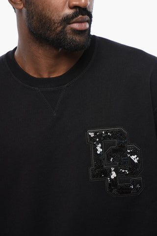 Brushed Cotton Crewneck Sweatshirt With Sequined Logo