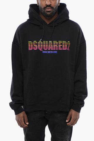 Printed Brushed Cotton Hooded Sweatshirt Loose Fit