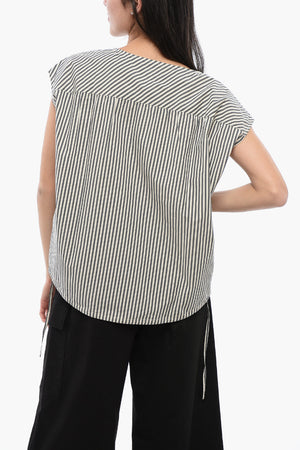 Cotton Awning-Striped Blouse with Drawstring Hem