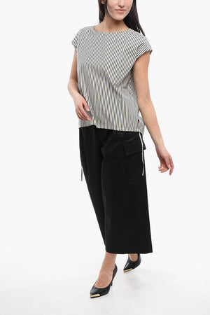 Cotton Awning-Striped Blouse with Drawstring Hem