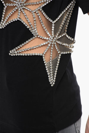 Crewneck T-Shirt STAR with See-Through Details and Crystals