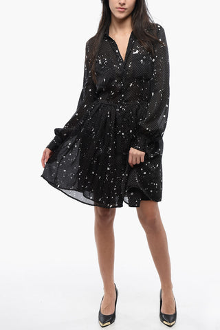 Polka Dot Patterned GATHERED Chiffon Shirt Dress 