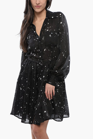 Polka Dot Patterned GATHERED Chiffon Shirt Dress 