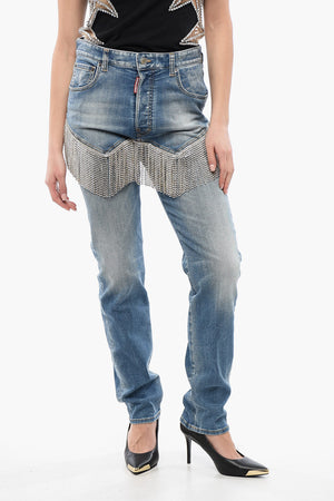 Jeans 642 in Denim Delavè con Frange in Criistalli 16cm