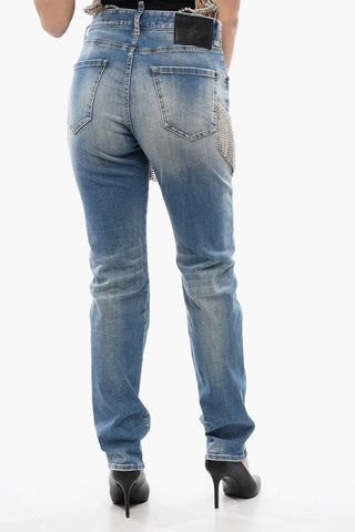 Jeans 642 in Denim Delavè con Frange in Criistalli 16cm