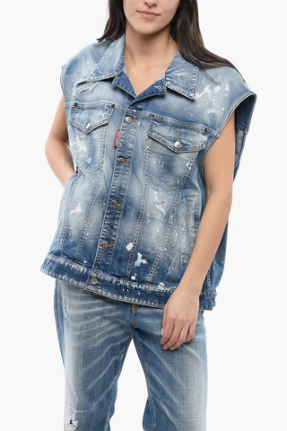 Giubbotto Smanicato in Denim con Dettagli Distressed