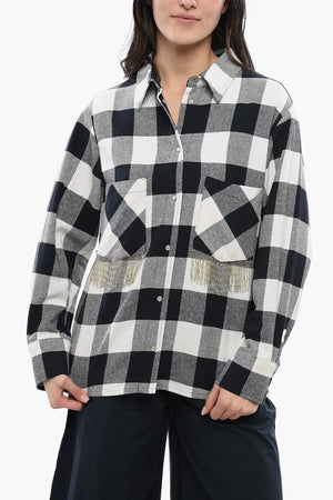 Cotton-Blend Plaid Check Shirt with Fringed Details