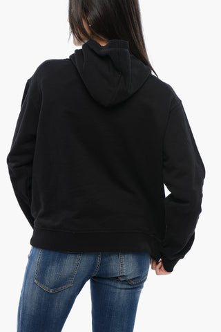 Felpa Hoodie in Cotone Garzato con Inseerto See Through