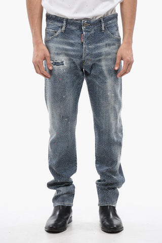 Stone Washed COOL GUY Jeans With Allover Rhinestones 17 cm