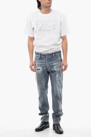 Stone Washed COOL GUY Jeans With Allover Rhinestones 17 cm
