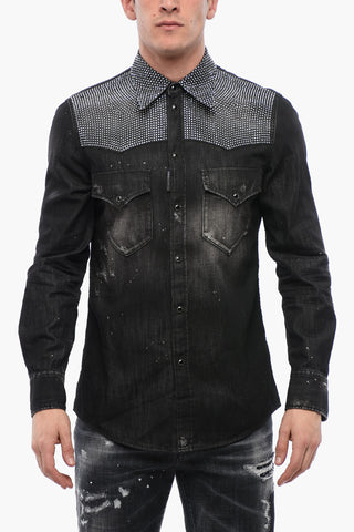 Distressed Denim Shirt with Rhinestones