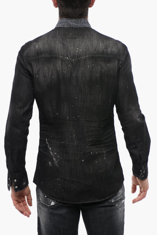 Distressed Denim Shirt with Rhinestones