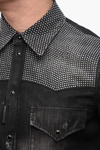 Distressed Denim Shirt with Rhinestones
