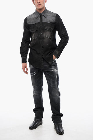 Distressed Denim Shirt with Rhinestones