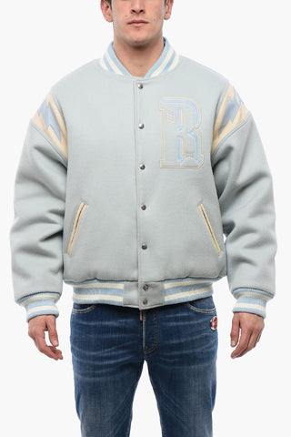 Bomber in Lana con Dettagli in Pelle e Bottoni Automatici