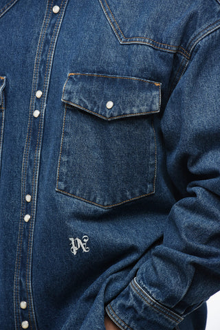 Giubbotto in Denim Lavaggio Scuro con Monogramma in Rilievo
