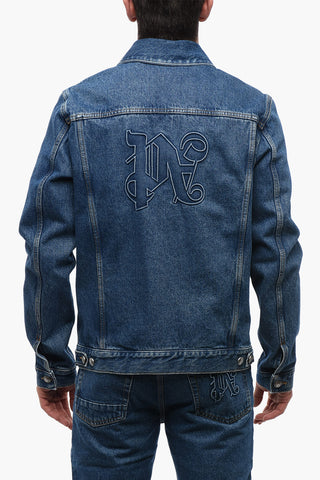 Giubbotto in Denim Lavaggio Scuro con Monogramma in Rilievo