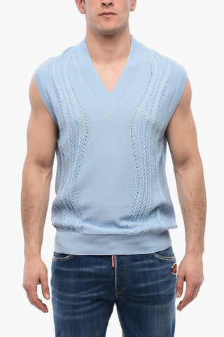Cable-Knit Cotton-Blend Vest With V-Neck