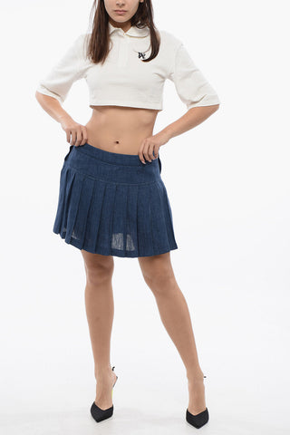 Linen Pleated Miniskirt with Embroidered Logo