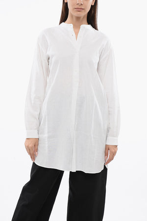 Long Linen Blend Blouse with Korean Collar