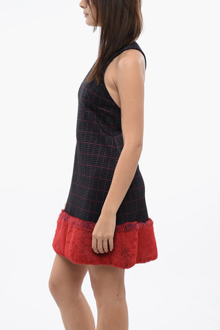 Mini Dress with Checked Pattern and Faux Fur Hem
