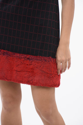 Mini Dress with Checked Pattern and Faux Fur Hem