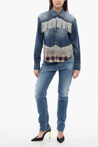 Denim Saharan Blouse with Crystal Fringes