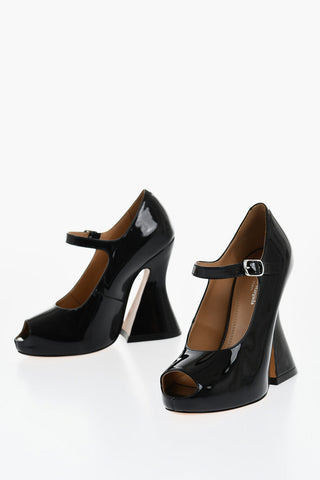 Open-Toe Patent Leather Pumps With Strap Heel 13 cm 