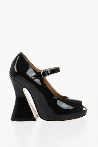 Open-Toe Patent Leather Pumps With Strap Heel 13 cm 