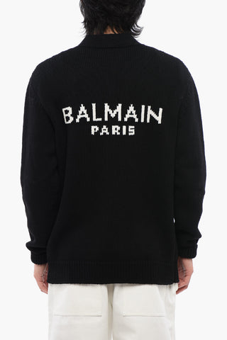 Wool Blend Cardigan with Jacquard Logo